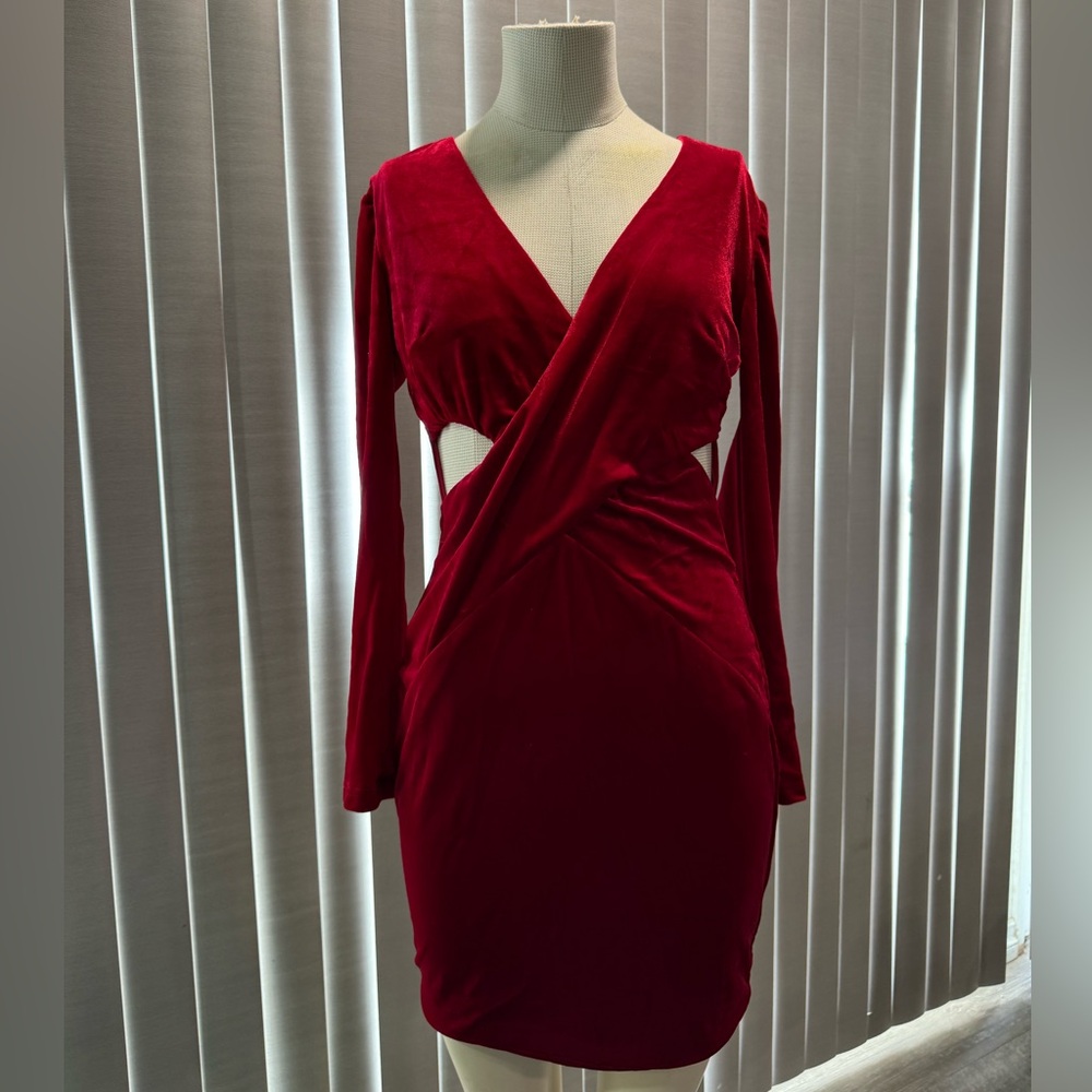 Red Velvet Wrap Cutout Dress - Women